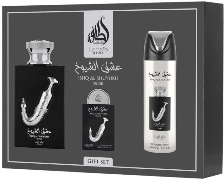 Lattafa Pride Ishq Al Shuyukh Silver Giftset EDP 100ml + 20ml + Deodorant 200ml